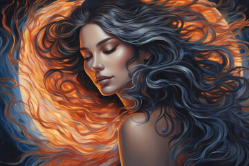 The beauty and passion of a charming woman, hair flowing in the air