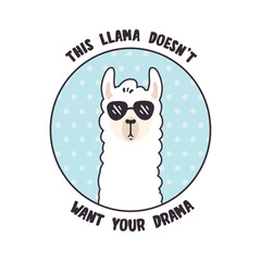 Obraz na płótnie Canvas Funny Llama Cartoon Illustration, Llama T-shirt Design For Kids, Llama Sticker Art