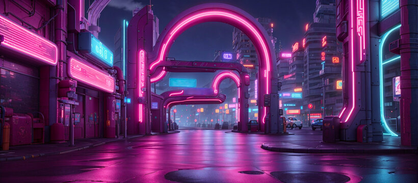 Bright pink neon night in a cyberpunk city. Sci-fi illustration of the futuristic city. Empty street with glowing neon arch.