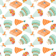Seamless pattern with birthday cake, gift box, party hat, bouquet of flower in cute doodle style. Childish design with holiday clipart for wrapping paper, print, fabric. Bright festive background.