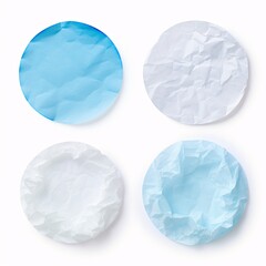 four pieces of paper that have crumples and blue white spots on them on a white background, circular abstraction, light azure, light white and light azure four different sheets