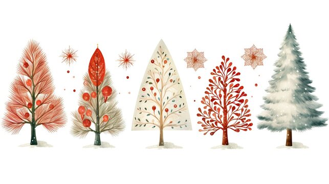 Christmas watercolor trees on white background. Generative AI