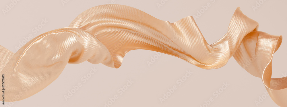 Poster golden fabric texture, cloth wave flying movement 3d rendering abstract fashion background.