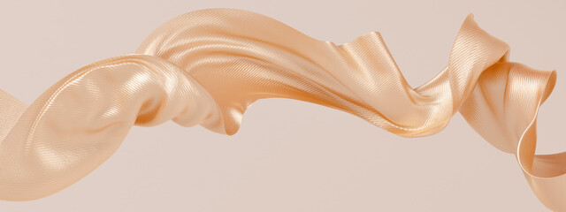 Golden fabric texture, Cloth wave flying movement 3d rendering abstract fashion background.
