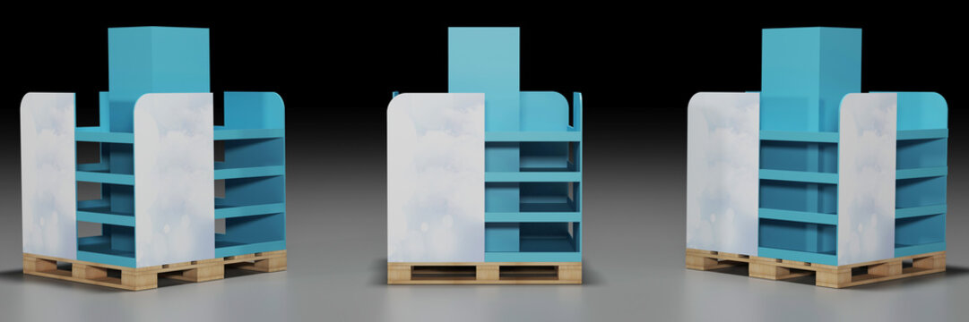 Superstore product display shelf pallet. End cap pallet display podium. 3D Illustration