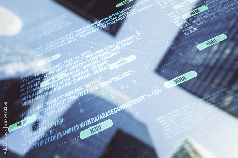 Poster double exposure of abstract creative programming illustration on blurry cityscape background, big da