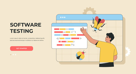 Software testing concept. Application development, coding and bugs searching. Digital analysis. Landing page template. Hand drawn vector illustration isolated on light background, flat cartoon style.