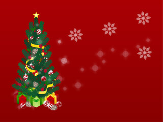 背景が赤いクリスマスツリーとクリスマスプレゼントのデザイン