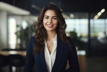 Naklejka premium happy business woman smiling in office in business casual attire, combining natural and man-made elements, wavy, precise and lifelike