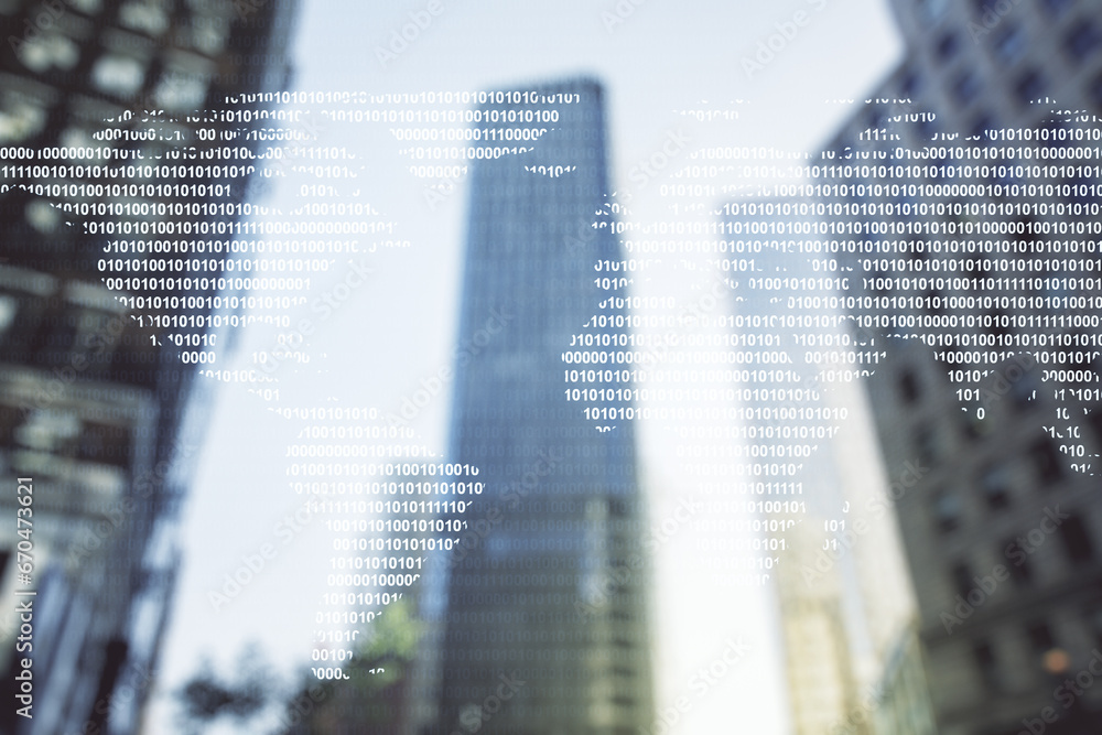 Poster multi exposure of abstract graphic world map on modern architecture background, big data and network