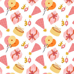 Seamless pattern with birthday cake, party hat, balloon, candle in cute doodle style. Childish design with holiday clipart for wrapping paper, print, fabric, scrapbook. Bright festive background.