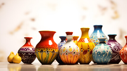 Colorful vases on a wooden surface with a colorful pattern.