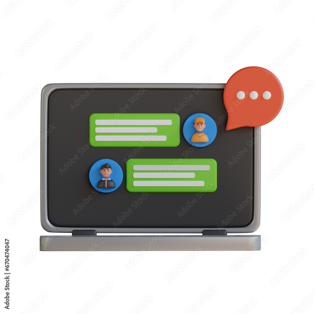 Poster 3d model of laptop chat with comfortable design for online communication. 3d illustration, 3d elemen