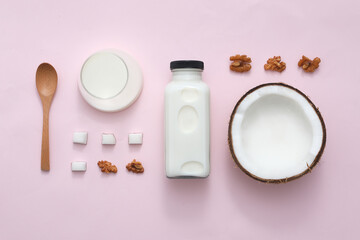 Simulation scene of making nut milk at home from coconut and walnuts. Lutein and zeaxanthin are two powerful antioxidant compounds in nut milk that help keep eyes healthy.