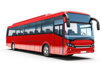 Modern red long distance bus isolated on white background.