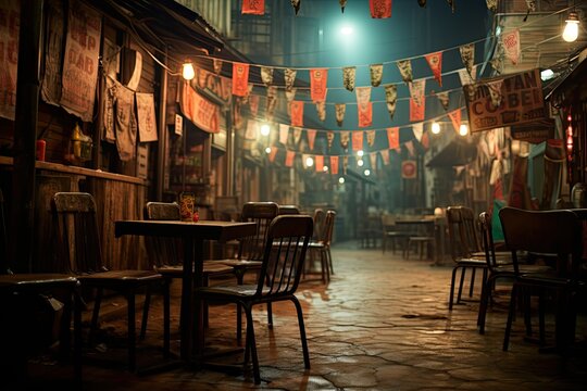Empty chairs in a Street Market