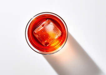 Red negroni cocktail with gin and bitters served in glass with ice cube, close up macro overhead with shadow on white background
