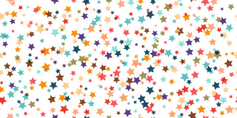 Seamless vector geometric stock pattern of colored stars of different sizes. Modern random colors.