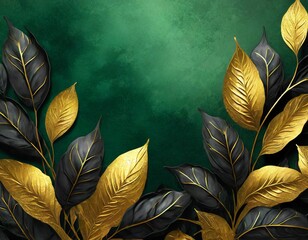 green autumn background illustration with golden leaves and blank copy space
