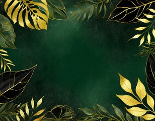 green jungle background illustration with  green and golden leaves and blank copy space - 670474838