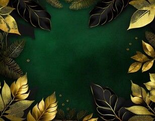 green jungle background illustration with  green and golden leaves and blank copy space - 670474852
