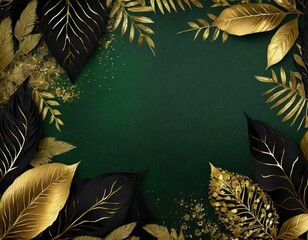 green jungle background illustration with  green and golden leaves and blank copy space - 670474864