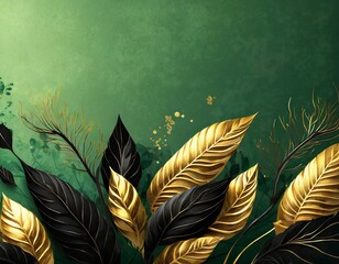 green autumn background illustration with golden leaves and blank copy space - 670474876
