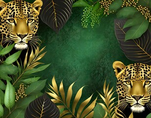 green jungle background illustration with  green and golden leaves, leopards and copy space in the middle - 670474887