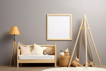 Fototapeta na wymiar Mockup frame in children bedroom with wicker furniture, Copy space. AI Generative