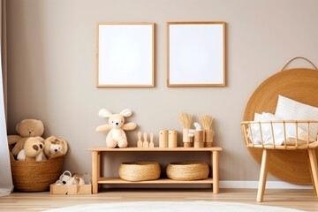 Mockup frame in children bedroom with wicker furniture, Copy space. AI Generative