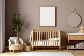 Mockup frame in children bedroom with wicker furniture, Copy space. AI Generative