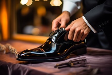 illustration of The grooms wedding shoes being shined to a glossy, Generative ai