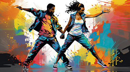 teenage black boy and girl dancing hip hop style, grafitti background, illustration