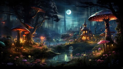 Obraz premium Enchanted forest glows with luminescent mushrooms, serene stream, and magical flora under a twilight canopy.