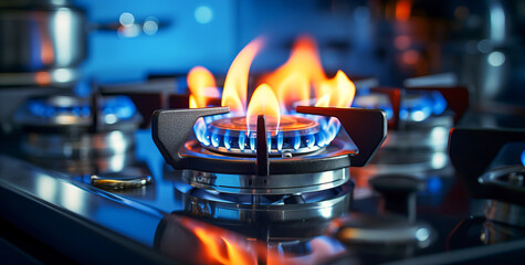 Gas flame on the stove, ban gas. A gas stove with a flame burning propane. The concept of industrial resources and economy. - obrazy, fototapety, plakaty