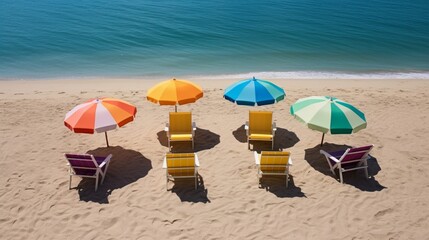 A playful setting of chairs circled under a large beach umbrella, as if anticipating a gathering of friends.