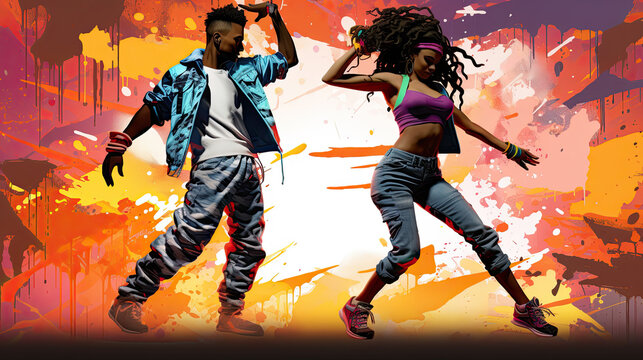 teenage black boy and girl dancing hip hop style, grafitti background, illustration
