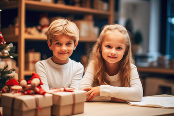 Portrait of a fictional little brother and his sister during Christmas, wearing white jumpers while sitting in the kitchen at home. Concept of winter representing a time of comfort and connection.