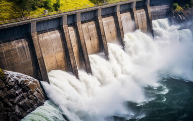 Hydroelectric dam letting water flow. AI Generative