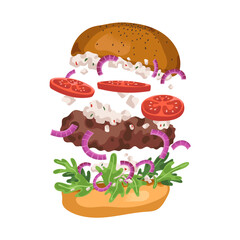 American fast food float. Delicious hamburger with content fly. Tasty burger with ingredients: bun, meat, tomato, onion, arugula, sauce. Flat isolated vector illustration on white background