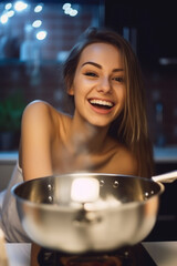 Young woman laughs while cooking in the kitchen. AI Generative