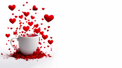 Festive white ceramic mug with lots of red hearts on a white background