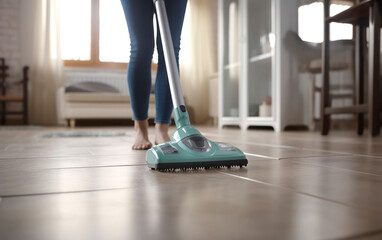 A close - up shot of a homemaker operating an electric vacuum cleaner in her living room. Generative AI