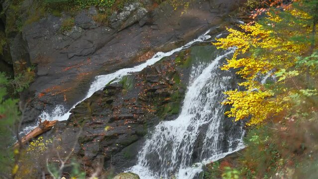 Yulenskok waterfall in Pirin park in Bulgaria, autumn bright colors in diffused evening sunlight, 4k camera footage, hiking in the forest or outdoor adventure background idea