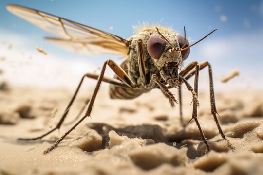 Closeup of a fly on a sand, leishmaniasis desease transmitter concept