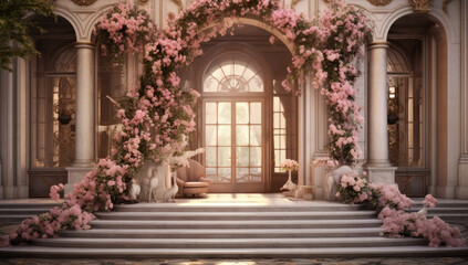 Beautiful entrance way with flowers and steps. Entrance to house. - Powered by Adobe