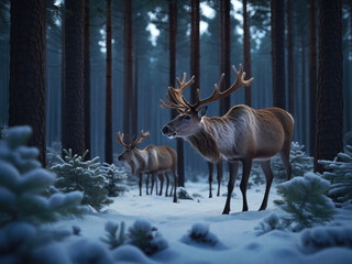 Reindeer in winter forest, generative ai illustration