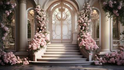 Beautiful entrance way with flowers and steps. Entrance to house. - obrazy, fototapety, plakaty