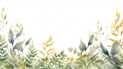Fototapeta na wymiar watercolor botanic, Leaf and buds. Seamless herbal composition for wedding or greeting card. Spring Border with leaves eucalyptus , white background