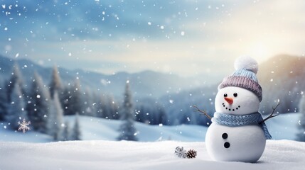 Naklejka na ściany i meble Panoramic view of happy snowman in winter secenery with copy space, generative ai